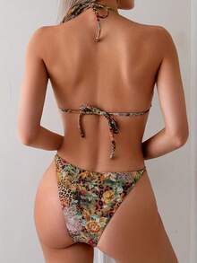Vintage Print Halter Bikini Metal Spiral Decoration Sexy Low Waist Triangle Cup Swimsuit Set - Màu Khaki - Xem 3
