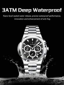 POEDAGAR 1pc Men's Stainless Steel Casual Date Chronograph Quartz Watch, Waterproof Luminous Pointer, Fashion Men's Wristwatch, Suitable For Daily Wear, Holiday/Birthday Gift - Silver - View 6