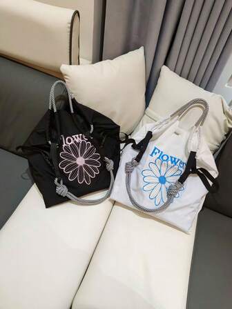 1 pieza Bolsa de compras con patrón de flor de dibujos animados bordada, bolso de viaje de gran capacidad, bolso de mano cruzado de nailon con asa de tracción