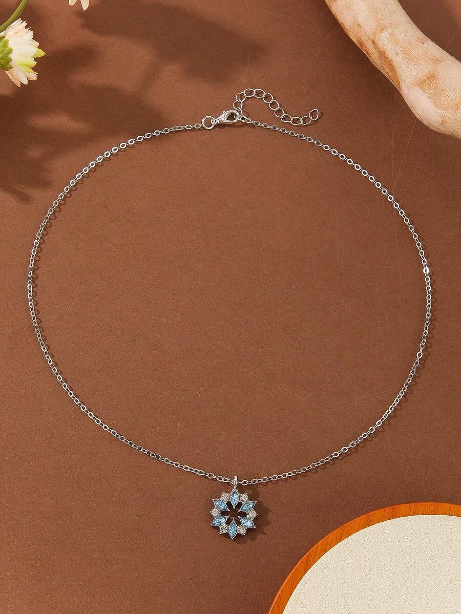 1 pieza Collar con colgante redondo hueco y elegante para mujer - Diamante azul redondo - Ver 1