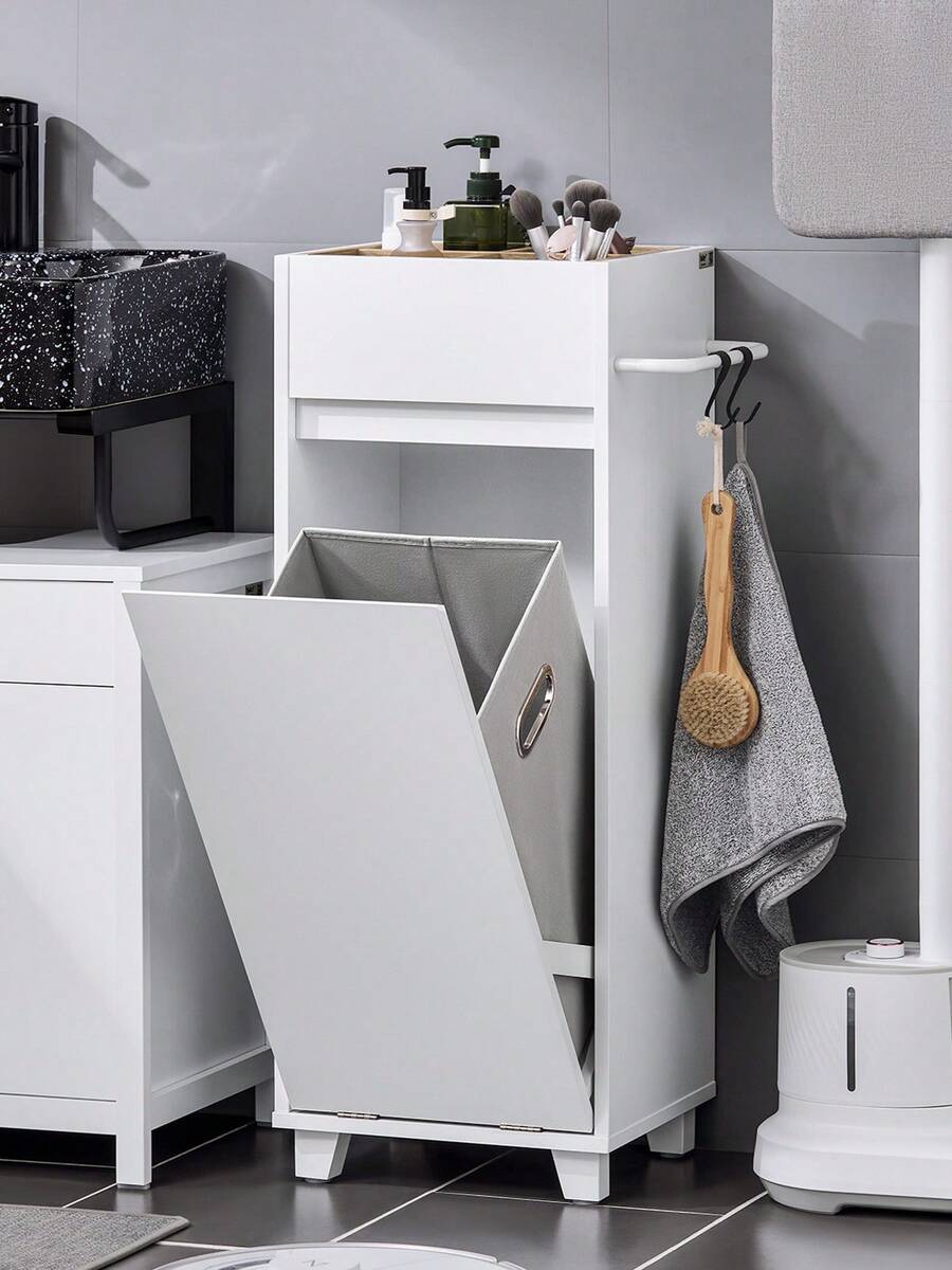 SoBuy Armário para lavanderia com saco de roupa dobrável, cesto de roupa suja com 4 prateleiras superiores, cesto de roupa suja, baú para lavanderia, armário de banheiro, branco, aprox. 35x90x30cm (LxAxP), BZR159-W - Branco - Ver 1
