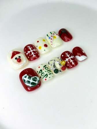 10pcs Square Press On Nails With Christmas Red, White Festive Cute Bases, 3D Santa Decor, Snowflake/Candy Cane/Christmas Stocking Festive Patterns, "HOHO" Lettering & 3D Bow + Bead Decor Design Shiny 100% Handmade Press On Acrylic Nails Reusable Nail Supplies For Women's Christmas, Themed Parties Or Daily Wear