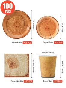 1 Set Wooden Log Disposable Plates, Napkins, Cups - Party Supplies For 25 Guests, Disposable Paper Plates Suitable For Birthday, Wedding, Party, Family Picnic - Multicolor - View 2