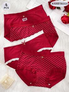 4条装新款女士中腰内裤，饰有蝴蝶结和爱心图案，搭配精致的“LOVE”字母配饰，白色蕾丝边，红色内裤，节日限定版，完美适用于圣诞节、情人节，新年必备，节日氛围浓厚，舒适亲肤，女士日常内衣，经济实惠多条装