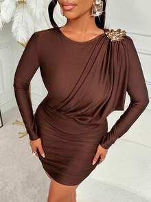 Amarilo Women's Autumn Winter Sexy Date Party Round Neck Swing Collar Metal Buckle Waist Mini Dress - Coffee - View 4