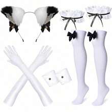 NEW French Maid Apron Fancy Dress Cosplay Costume Furry Ear Gloves Socks Set - màu đen - Xem 4