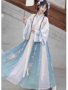2025 オリジナル本物の魏晋漢服婦人服中国風クロスネック腰丈ルースカートスーツ日常古代衣装ドレス赤、スカイブルー、ライトグリーンオプションの春と秋の漢要素衣装 - レッド - チェックする 6