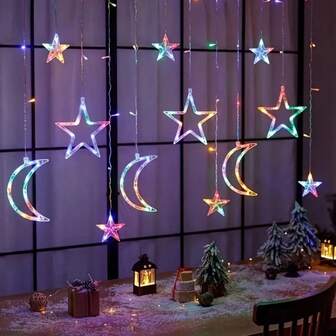 1PC New LED Star Moon Curtain Lights, Romantic Ambience Fairy String Lights For Bedroom Birthday Party Holiday Festive Decor, Hanging Decorative Lights For Home Christmas Wedding Scene Decoration