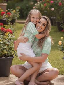 Set Of 2 Women's Ribbed Short-Sleeve Knit T-Shirts For Mother And Daughter, Striped, Summer Fashion Knitwear - 淺粉色 - 查看 5