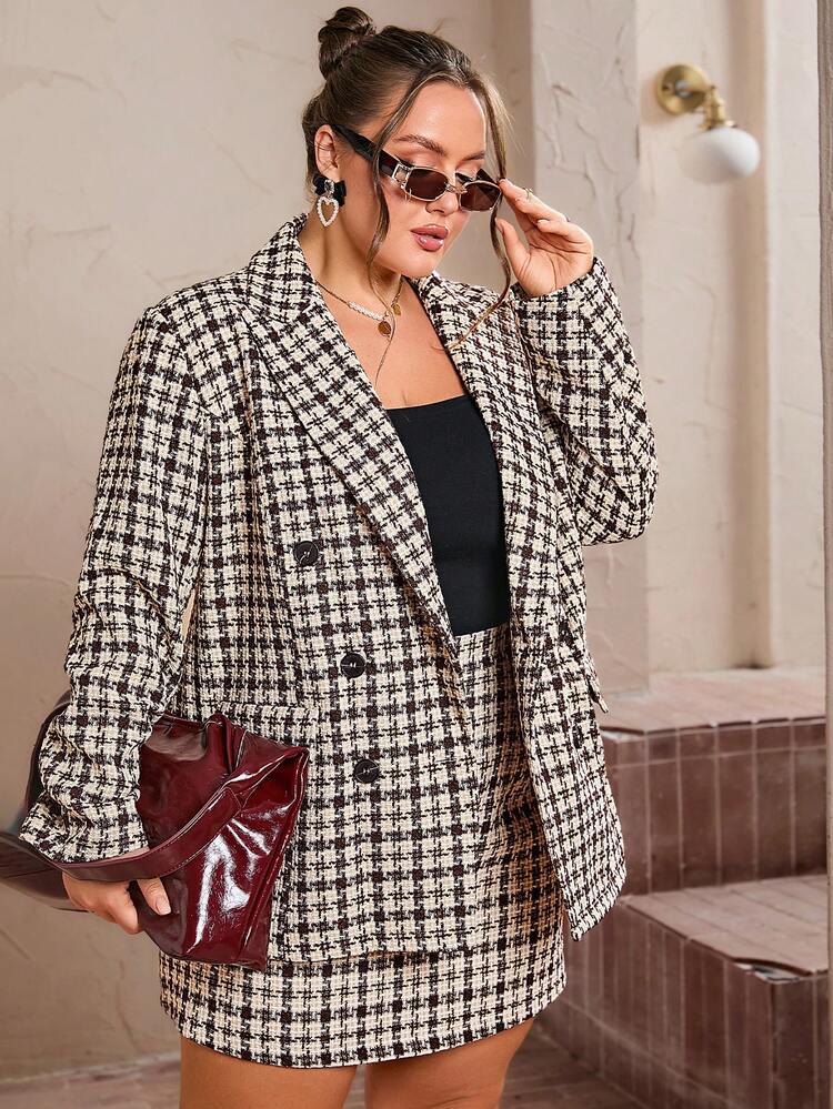 レディース プラスサイズ チェック柄 ダブルブレスト 厚手ツイード