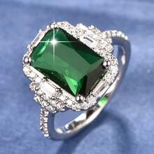 1pc S925 Sterling Silver Wedding Ring, Inlaid With 6 Carat Green Emerald Cut Gemstone, Perfect Gift For Grandma On Holidays/Birthday - Multicolor - View 8
