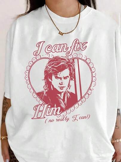 Camisetas de mujer de talla grande para el verano, camisetas gráficas de look casual con texto "I Can Fix Him", camisetas cuello redondo casuales, camisetas gráficas de mujer, ropa de resort, ropa de verano para mujer, camiseta con estética Y2K de : Revenge of the Sith, camiseta de Galaxy's Edge