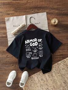 Tween Boy Casual Graphic Print Crew Neck Short Sleeve T-Shirt, Summer Top - Navy Blue - View 3