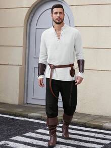 Men's Long Sleeve Shirt With Drawstring Design, Medieval Viking Costume For Festivals And Parties - White - View 7