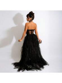 Women's Bandeau Solid Mesh Lace See-Through High-Waisted Slit Temperament Elegant Long Ball Dress European And American Dress - màu đen - Xem 2