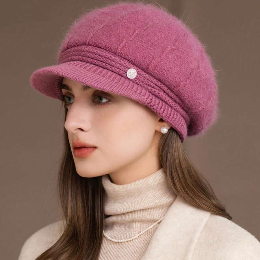 New Fashion Winter Hat For Women With Brim, Dandy Fur-Lined Plush Hats For Women, Casual Rabbit Fur Blend Knitted Hat - Khaki - View 1