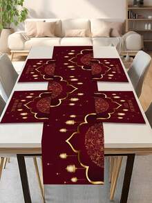1pc Moon Pattern Table Runner, 4pcs Moon Pattern Placemats, Suitable For Holidays, Parties, Birthdays, Dinners, Kitchen & Dining Room Table Decor, Applicable For All Seasons, Home Textile Decoration - Multicolor - View 1