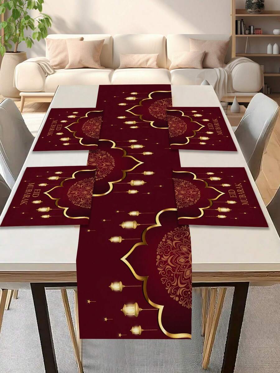 1pc Moon Pattern Table Runner, 4pcs Moon Pattern Placemats, Suitable For Holidays, Parties, Birthdays, Dinners, Kitchen & Dining Room Table Decor, Applicable For All Seasons, Home Textile Decoration - Multicolor - View 1