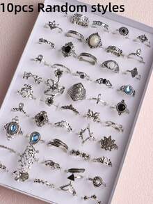 10pcs/Set Elegant Fashion Pink Crystal Rings, Butterfly & Heart Shaped, Romantic Date, Valentine's Day Gift, Daily Wear Jewelry - 10 Silver Pinky Rings - View 20