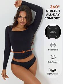 Tricou simplu pentru femei, cu mânecă lungă, guler pătrat, strâmt, pentru ieșiri în oraș - Negru - Vizualizare 3