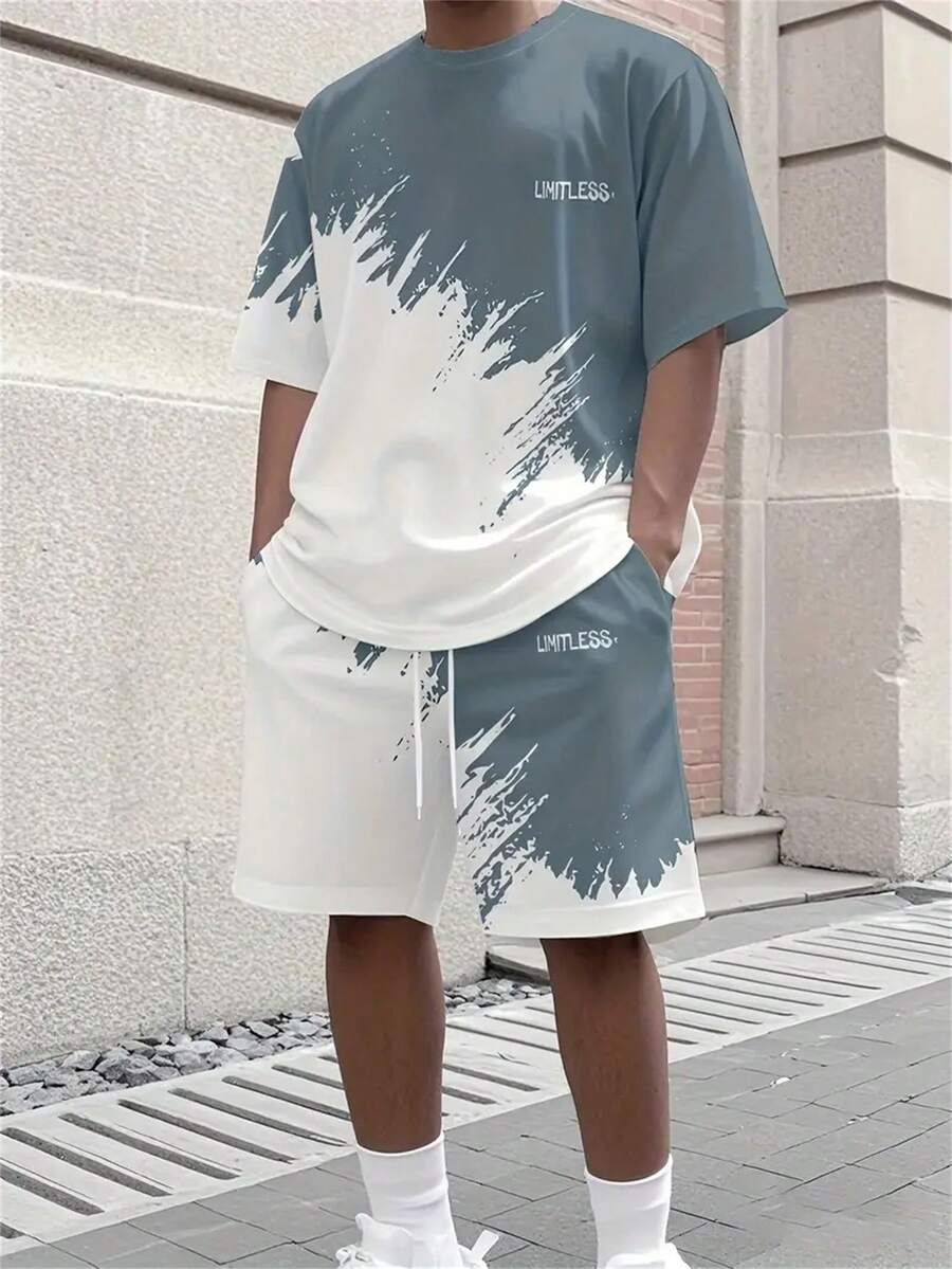一套“无限”时尚灰白相间3D印花男士休闲运动套装 - 透气涤纶针织面料，圆领短袖T恤和短裤组合，四季皆宜的常规版型 - 彩色 - 查看 1