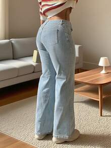 Women's Straight Leg Jeans, Baggy Loose Fit Non-Stretch Denim Pants, Street Style Casual Long Trousers For Women - 淺色水洗藍 - 查看 2