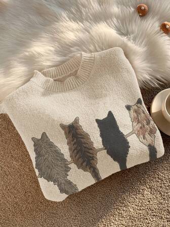 女士冬季可爱猫咪图案长袖圆领毛衣