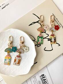 Floral & Folding Fan Design Bag Charm, Adorable Key Pendant Bag Pendant Keychain Japanese Style Bag Pendant, Feng Shui, Japanese Flower Keychain With Lucky Bag For Health, Education, Security And Wealth - Multicolor - View 4