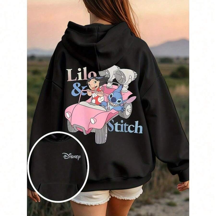 [DISNEP]"Lilo And Stitch Car" , Duo - Themed Charm : "Halloween Season" Fun, Woody And Friends Charm Printed, Women's Hoodie Essential For Autumn And Winter, Casual Hoodie, 500g Hoodie, Seasonal Clothing, Winter Outfit, Whimsical - Black - View 1