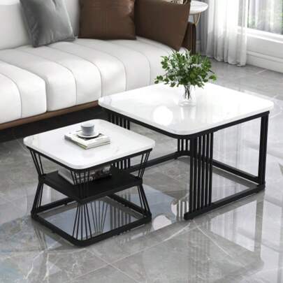 Set Of 2 Modern Side Tables, In Marble-Look MDF, Structure In Glossy Black White Steel Tube, Dimensions Of The 2 Tables: 65 X 65 X 45 Cm And 45 X 45 X 39.5 Cm.