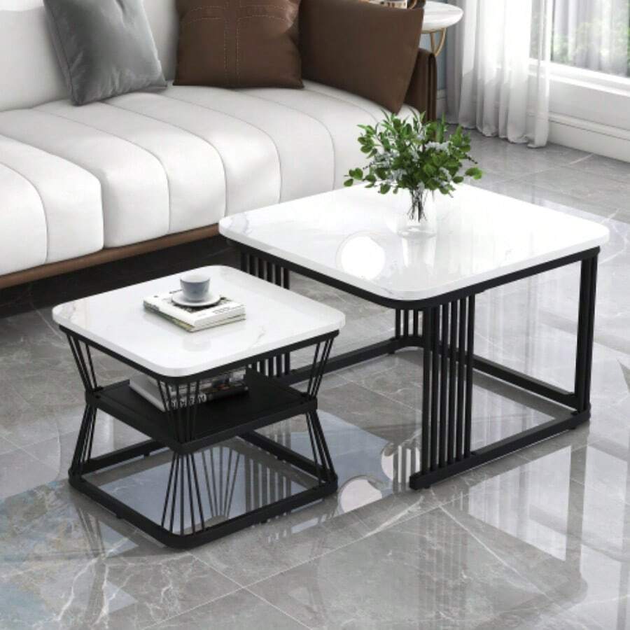 Set Of 2 Modern Side Tables, In Marble-Look MDF, Structure In Glossy Black White Steel Tube, Dimensions Of The 2 Tables: 65 X 65 X 45 Cm And 45 X 45 X 39.5 Cm. - White - View 1