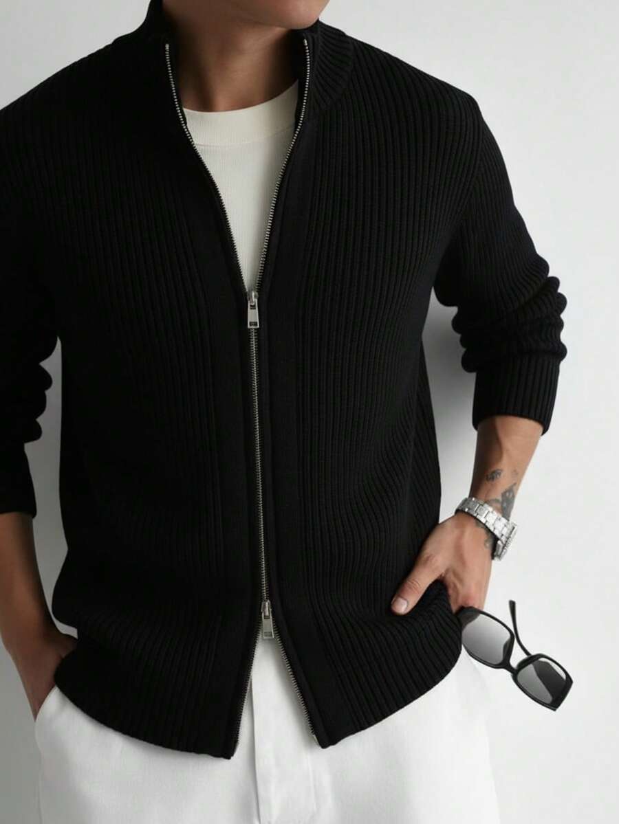 Herren modischer Reißverschluss-Strickjacke, Herbst/Winter - Schwarz - Übersicht 1