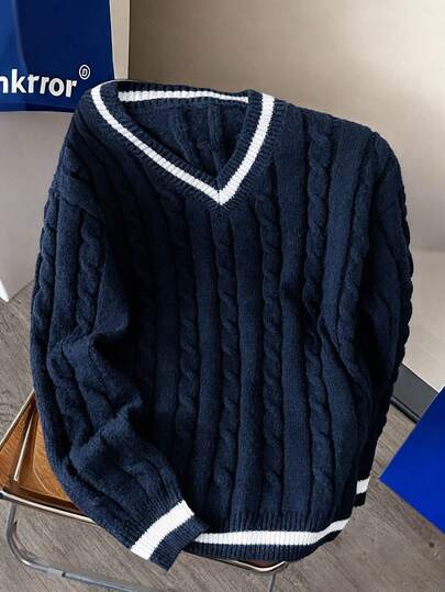 1pc V-Neck Sweater, Casual & Fashionable College Style For Teenage Boys, Autumn/Winter