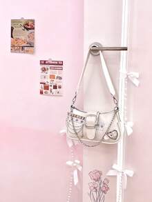 Y2K Star &Y2K Fashionable Star & Moon Design Pink Chain Decor Bag, Baguette Bag, Niche Design, Steampunk,Ladies Bag, Cool Girl Streetwear, Music Festival, Party, Rock Style Bag , Y2k Bag, Gothic Punk Bag , 2000s Fashion Style Bag For Women - trắng - Xem 7
