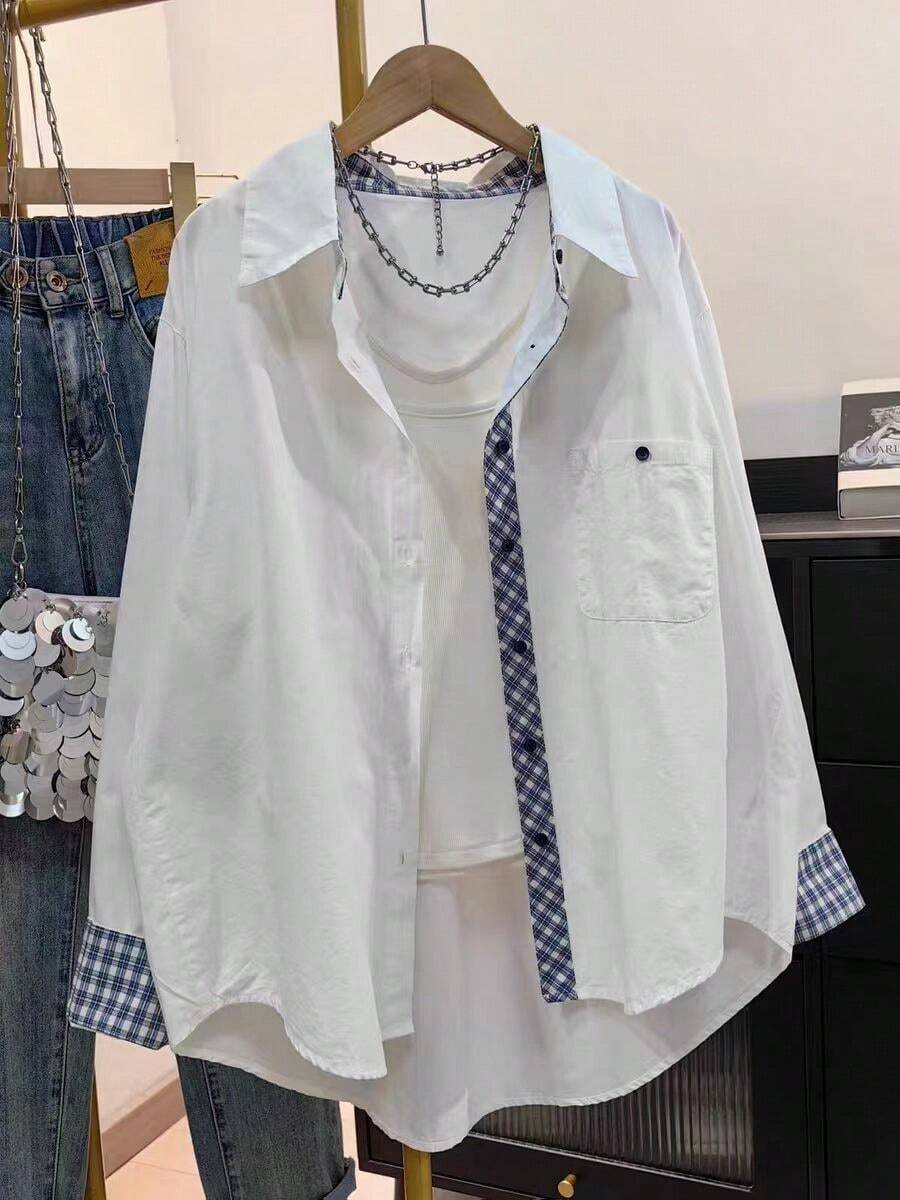 女士时尚白色长袖翻领衬衫,纽扣前襟,格子装饰,宽松版型上衣 - 白色 - 查看 1