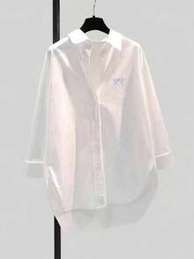 女士蝴蝶结刺绣长袖宽松休闲衬衫 - 白色繡藍色 - 查看 5