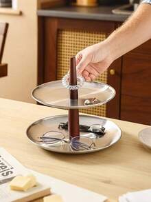 1pc Creative Retro Stainless Steel Fruit Plate, Multi-Layer Storage Fruit & Cake Stand, Rotatable Wooden Rod Hotel Front Desk Plate, 3-Tier/2-Tier Candy & Dessert Tray, Suitable For Living Room, Dining Room, Dessert Shop, Wedding, Party - Multicolor - View 8