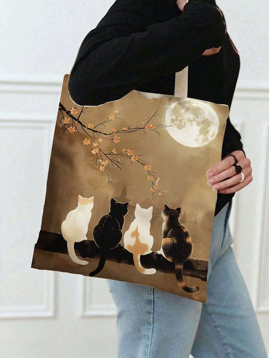 1个时尚可爱猫咪图案手提袋，适合购物，价格实惠，质量上乘，2D平面印刷 - 彩色 - 查看 1