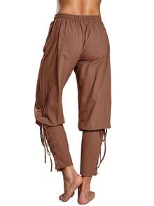 Men's Solid Color Drawstring Waist Medieval Costume Cosplay Renaissance Viking Pants - Brown - View 3