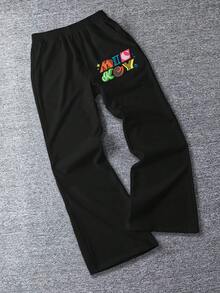 Disney Pantalones deportivos casuales sueltos con estampado asimétrico gráfico de Mickey Mouse en inglés para hombres