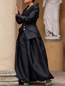 Women's Elegant Black Asymmetrical Lapel Two-Piece Outfit Long Sleeve Button Front Woven Fabric Top And Long Pants Set - 黑色 - 查看 2