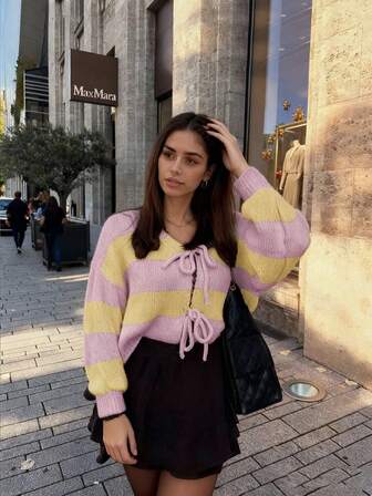 Ropa de mujer de otoño - Cárdigan de punto con lazo delantero a rayas, ropa escolar, blusas lindas para mujer, ropa Y2K para homecoming, ropa de estilo "old money" para mujer, atuendos de maestra para mujer