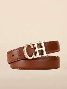 Minimalist Fashion Women's Belt, Metal Buckle With Rhinestone Design, Made Of Artificial PU Leather, Smooth Texture, Durable Material, Suitable For Pants And Dresses, Daily And Formal Occasions