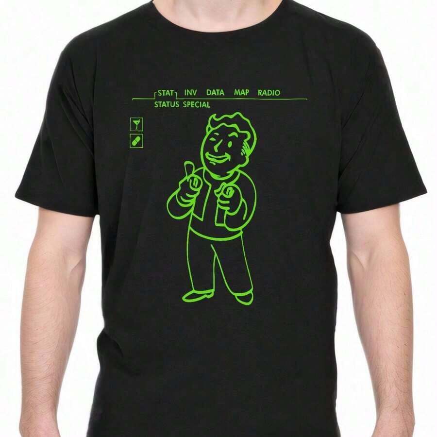 Official Fallout Vault Boy Charisma +10 Pip-Boy Menu Graphic Black T-Shirt - Men's Casual Short Sleeve Tee With Neon Green Gaming Design, Regular Fit, Machine Washable, Digital Print For Casual Attire & Sports, Fan Merchandise |   Casual Round Neck |   Durable Tshirt For Family And Friends Simple Design, Knitting ProcessLeisure - 黑色 - 查看 1