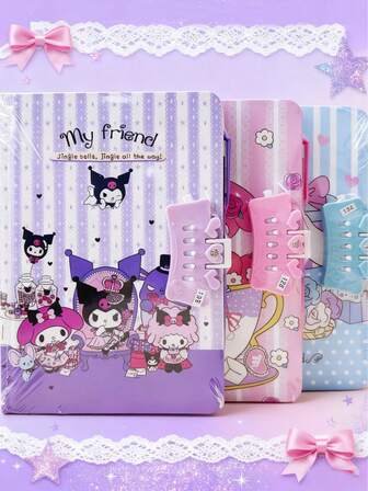 Sanrio 1 件卡通三人密码本文具儿童小学生可爱带锁笔记本日记本
