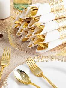60 Sets Of Gold Simple Retro Style Pre-Rolled Cutlery Knife, Fork And Spoon Sets, Pre-Rolled Napkin Sets With Exquisite Patterns, Heavy Gold Tableware Sets, Perfect For Large Events, Parties, Gatherings, Weddings, Dances, Dinners, Beach Parties, Lovers, Etc. - Cổ điển - 60 chiếc - Xem 3