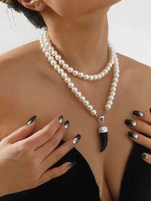 1件时尚个性化珍珠狼牙吊坠长项链，男女皆宜，优雅的圣诞节/生日礼物 - 彩色 - 查看 2