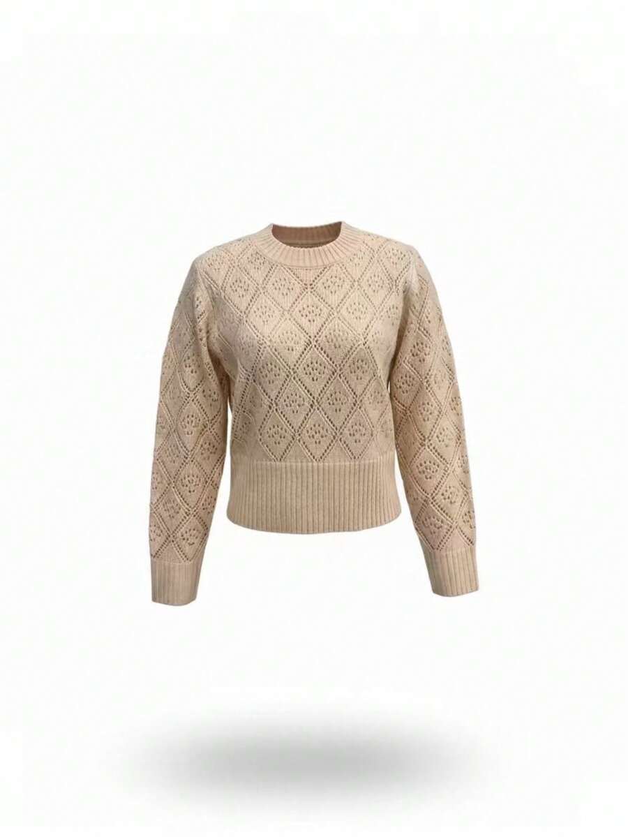 女士针织圆领长袖套头衫，独特的菱形图案和罗纹针织细节，简约经典休闲风格，适合日常穿着毛衣秋冬女装