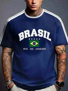Men's Brazil Football T-Shirt, Short Sleeve, Timi Casual Summer T-Shirt - Biru - View 2