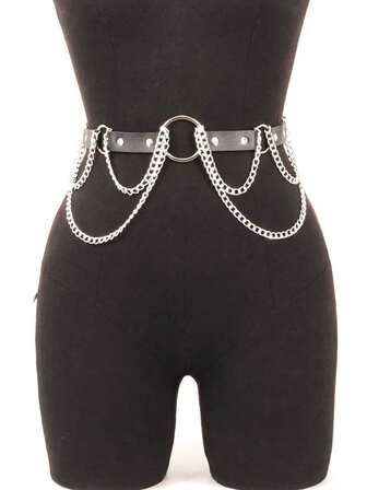 1 Pc Women's PU Leather Waist Belt Chain Simple Punk Style With Studded Decoration Suitable For Daily Wear And Various Holiday Outfit Accessories